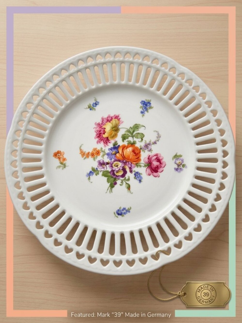 Vintage Porcelain Reticulated Floral Plate with Heart Border, Made in Germany